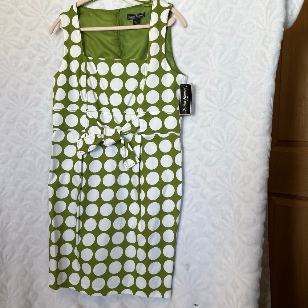Jessica Howard sleeveless dress green white polka dots front tie rear zip sheath